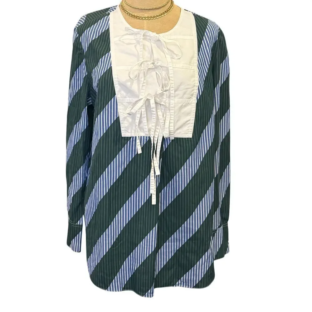 TORY BURCH Overprinted Tie-Front Top in Diagonal Stripe size 10 Blue Green